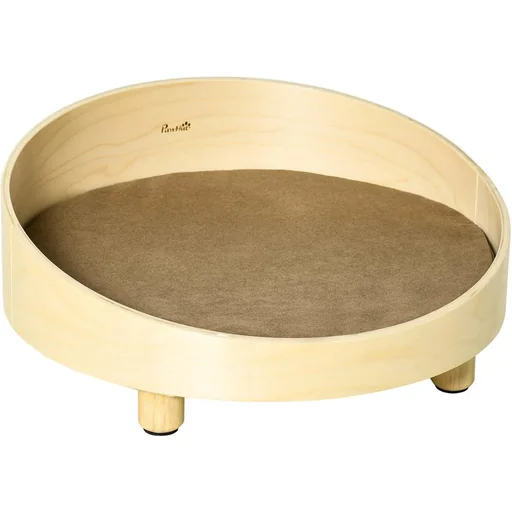 "Erhöhtes Hundebett mit Kissen Rund für kleine Hunde Waschbarer Bezug Holzbeine Natur+Hellbraun Ø59 x 23,5 cm image"