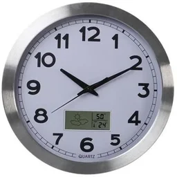 Aluminium Wanduhr mit LCD-Display und Thermometer, Hygrometer & Wettervorhersage