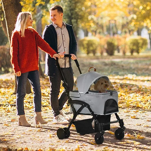 "2-in-1 Hundebuggy Transporttasche Katzenbuggy mit Universal Rad abnehmbar Abdeckung Oxford Grau+Schwarz 76,5 x 48 x 99 c image"