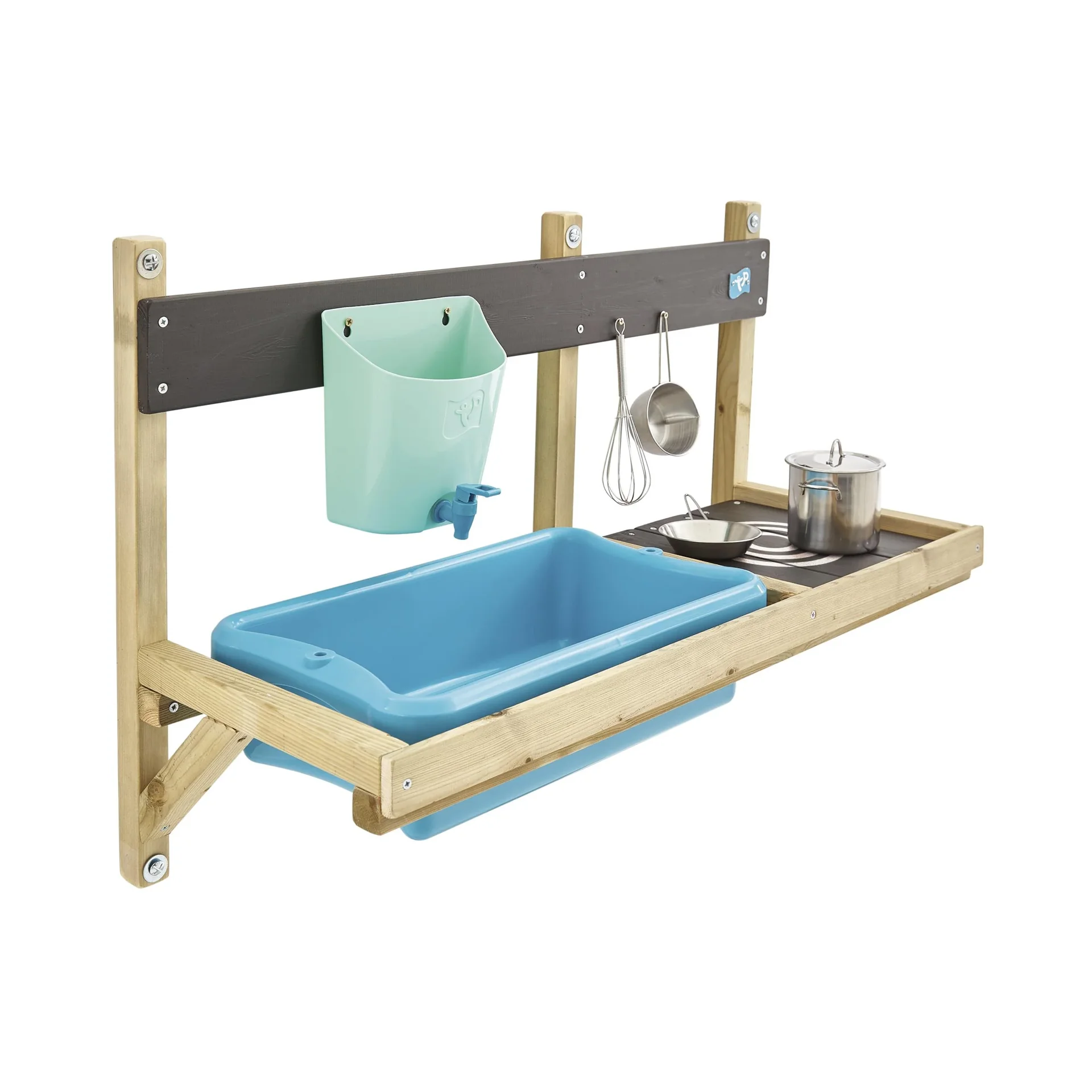 "TP Toys Matschküche Mops Deluxe Wandmodul 81×36×56 cm Natur – Zapfhahn & Edelstahltöpfe image"