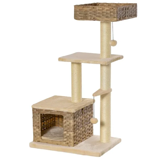 "Rattan Katzenbaum Kratzbaum Kätzchen Möbel mit Katzenhöhle Ballspielzeug Sisal weiche Plüsch PE Höhe 108 cm Braun+Beige image"