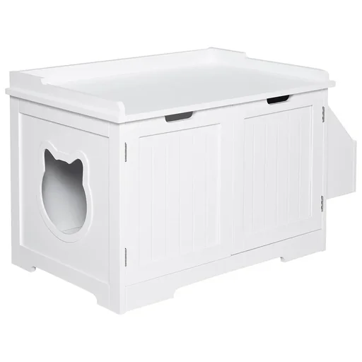 "Katzentoilette mit Regal Katzenhöhle Katzenhaus Katzenschrank Versteck und Abdeckung für Katzentoilette Weiß MDF image"