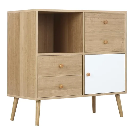 "Sideboard Küchenschrank Kommode mit 1 offenen Fächern 4 Schubladen Skandi-Design Natur+Weiß 80 x 39 x 80 cm image"