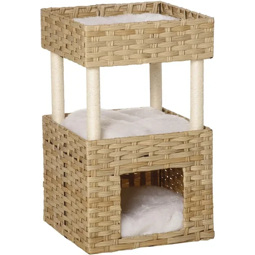 "Rattan Katzenkorb 3-stöckiges Katzenbett Katzenhöhle Katzenturm mit 3 Kissen Liegedach Sisal Natur 40 x 40 x 70 cm image"