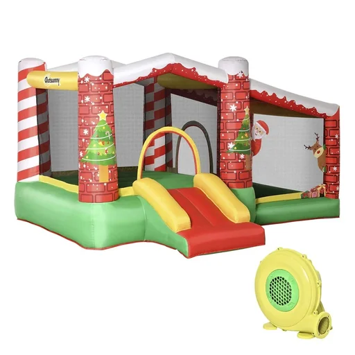 "Weihnachten Aufblasbare Hüpfburg für 3 Kinder Springburg mit Gebläse für 3-8 Jahre Rot+Grün 325 x 270 x 175 cm image"