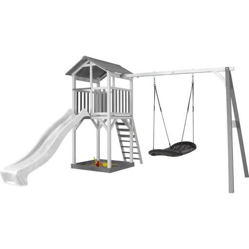 "Beach Tower Spielturm mit Roxy Nestschaukel - Weiße Rutsche image"