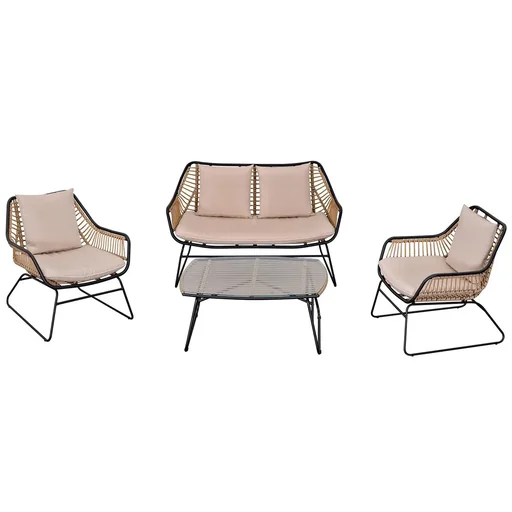 "Polyrattan Gartenbank 4-teiliges Rattensofa-Set für Pause Teetisch aus gehärtetem Glas Sitzbank mit Tisch & Kissen Stahl image"