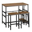 Bartisch-Set, Stehtisch mit 2 Barhockern, 3-teiliges Tischset Küchentresen mit Flaschenhalterung Spanplatte, Stahl, Natu