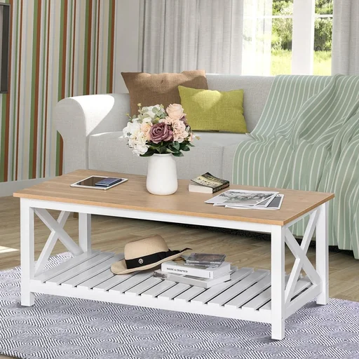"Beistelltisch Couchtisch Kaffeetisch stabiler Teetisch Wohnzimmertisch Bauernhausstil MDF Natur+Weiß 116 x 60 x 48 cm image"