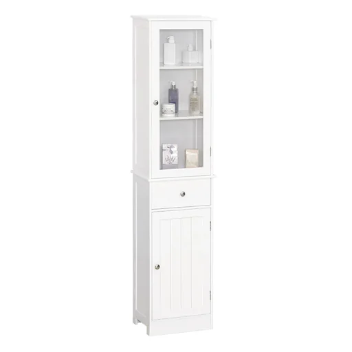 "Badezimmerschrank, Badschrank, Vitrine, Küchenschrank mit Schublade, Regale, MDF, Acryl, 40 x 27 x 171,5 cm, Weiß image"