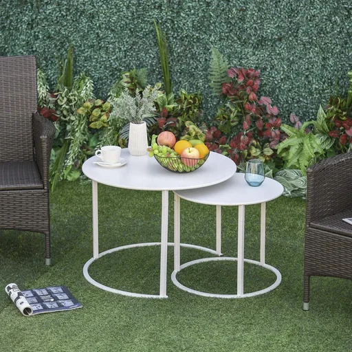 "Beistelltisch, 2er Set, Garten Couchtisch, Kaffeetisch mit erhöhten Kanten, Wohnzimmer, Metall Weiß, Ø70 x 50 cm image"