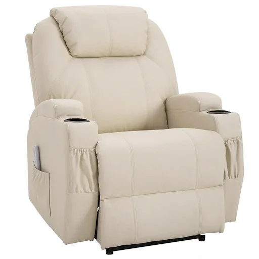 "Massagesessel Relaxsessel Fernsehsessel Massagefunktion Liegefunktion Kunstleder Holz Metall Schaumstoff Beige image"