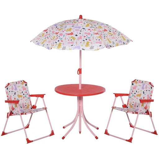 "4tlg. Kindersitzgruppe Gartentisch 2 Klappstühle Sonnenschirm Camping Kindersitzgarnitur Gartenmöbel für 3-5 Jahre Rot image"