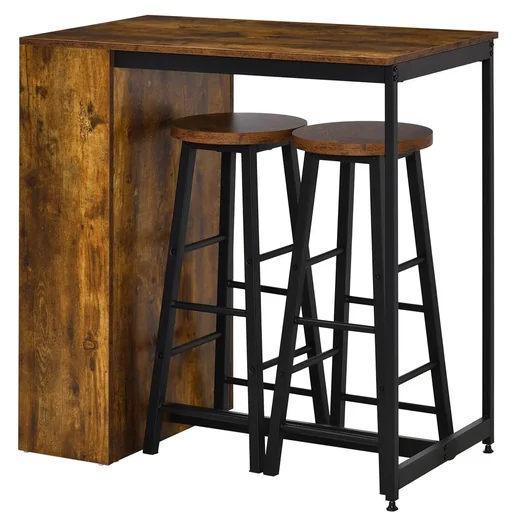 "Bartisch-Set Stehtisch mit 2 Barhockern 3-teiliges Tischset Küchentresen mit 3-stufiges Seitenregal Industrie Design Sp image"