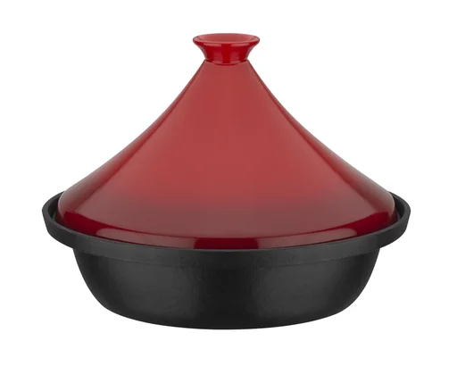 "Gusseisen Tajine 2-farbig Rot - Schmortopf mit Keramik Dampfhaube image"