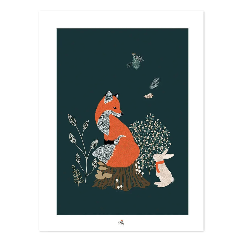 "Lilipinso Poster Fuchs und Hase im Wald dunkelgrün image"