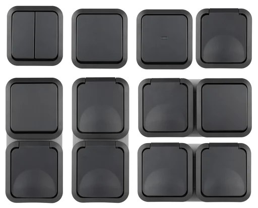 "Aufputz-Feuchtraum Schalter/ Schutzkontakt-Steckdose mit Klappdeckel, waagerecht IP55 image"