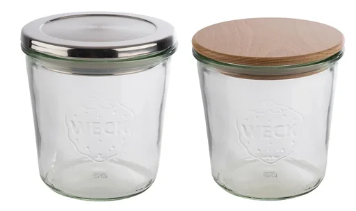 "Weck-Gläser mit APS Deckel 2-er Set: 2 Gläser: Ø11 cm x 11 cm, Sturzform 580 ml + Buchenholz Deckel mit Silikondichtung image"