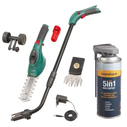 2 in 1 LI-ION Gras- und Heckenschere, 3,6 Volt + Kettensägenreiniger 400 ml