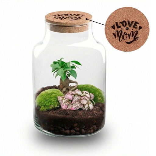 "'LOVE MOM' Terrarium Little Milky + gravierter Kork mit Licht - Flaschengarten DIY Set - Ø 17 cm Höhe ca. 25 cm - Muttertag image"