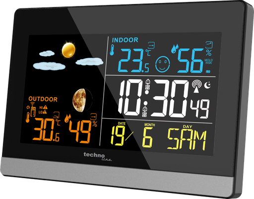"WS6455 Wetterstation mit Außensensor, DCF-77 Funkuhr, Wettervorhersage, Innen- & Außentemperatur, Luftfeuchtigkeit, Mondphase, MIN/MAX, Frostalarm, 2 Wecker, farbiges LCD image"