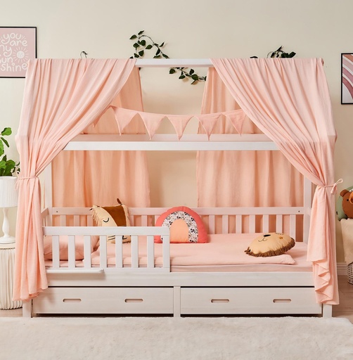 "Alavya Home Hausbett CLOUD 90 x 200 cm Komplett-Set – Musselin Dekoset Rosa + Schublade 90 x 200 cm + Kindermatratze COZY 90 x 200 cm (Kaltschaum) image"