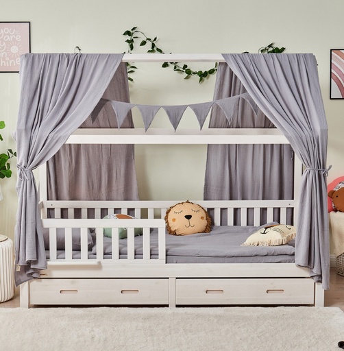 "Alavya Home Hausbett CLOUD 90 x 200 cm Komplett-Set – Schublade 90 x 200 cm + Musselin Dekoset Grau + Kindermatratze COZY 90 x 200 cm (Kaltschaum) image"
