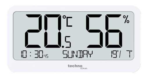 "WS9455 Thermo-Hygrometer mit mit extrem scharfen Display ohne Verschwimmen der LCD Anzeige, selbst wenn der Winkel ungünstig ist, Innenthermometer & Hygrometer, Temperatur- und Luftfeuchtigkeitsanzeige, Max/Min-Werte, Kalender, großes LCD-Display, weiß image"