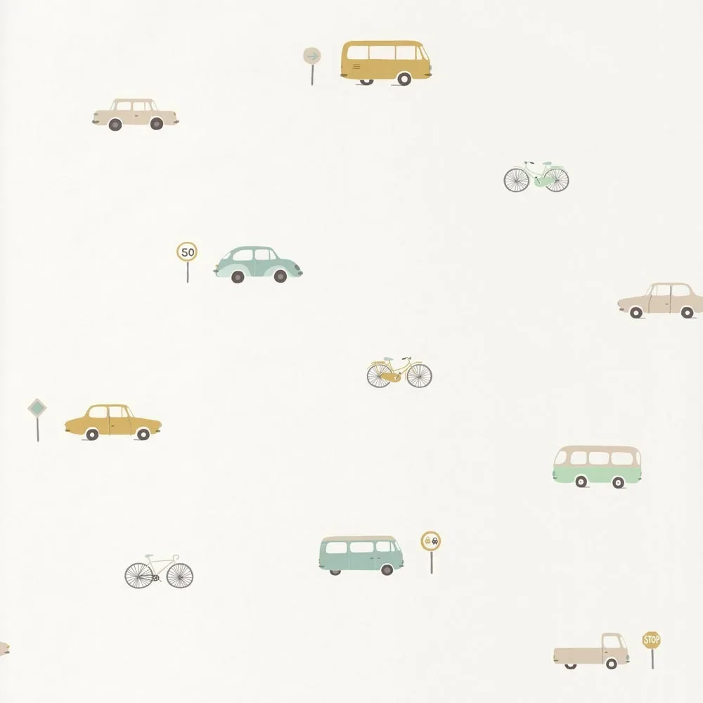 Kindertapete Happy Dreams Fahrzeuge mint gelb