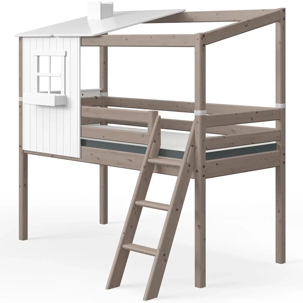 Flexa halbhohes Bett Haus mit halbem Dach weiss braun