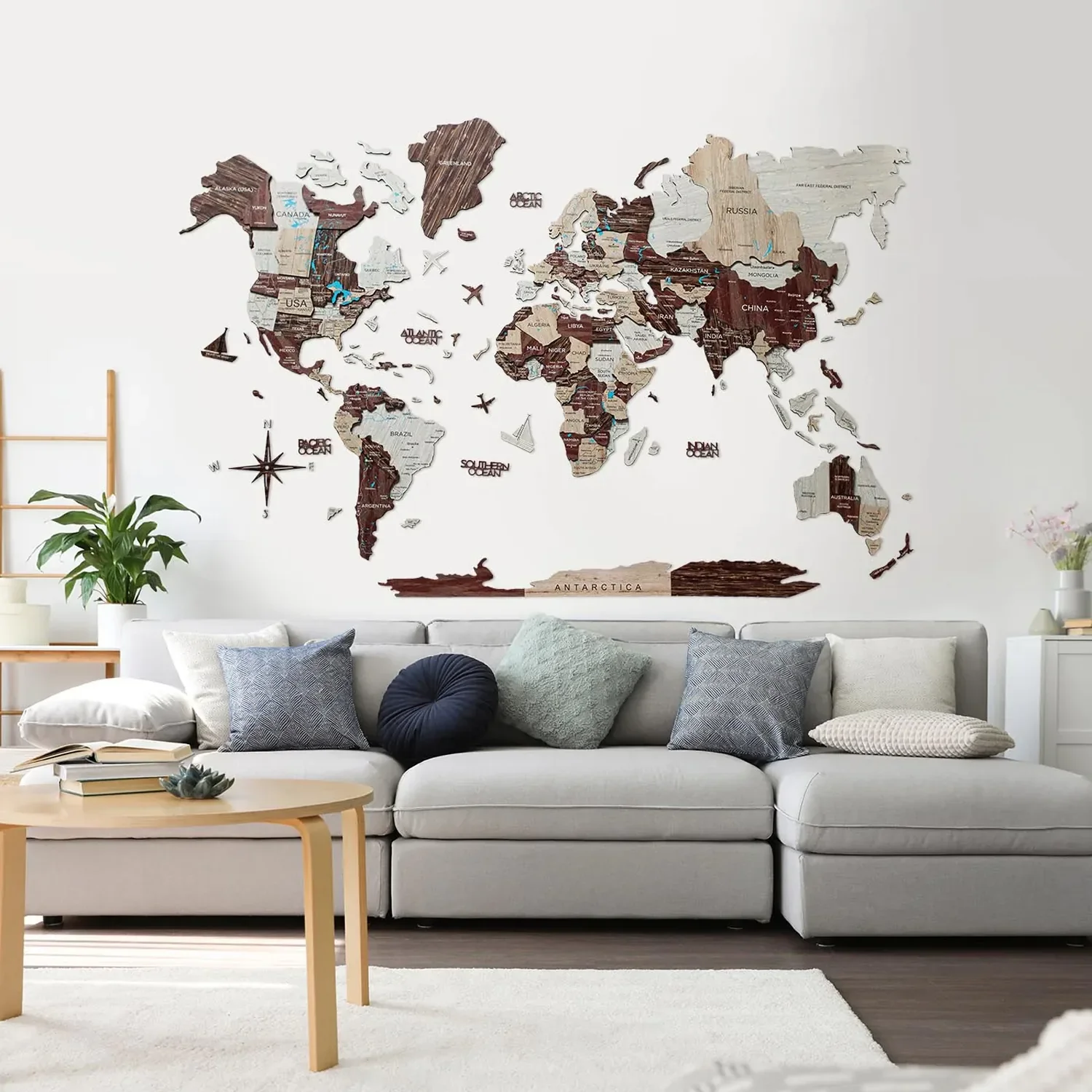 "Weltkarte Holz, Landkarte Welt, Weltkarte Wanddeko 3D - Enjoy The Wood, Cappuccino Prime, Weltkarte Größe: XL image"