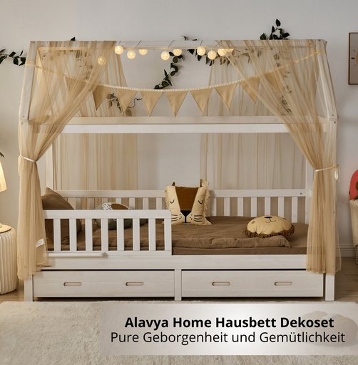 "Alavya Home Hausbett Deko-Set 150x350 cm, 3-teilig: 2 Betthimmel + Wimpelkette, Beige (ohne Lichterkette) image"