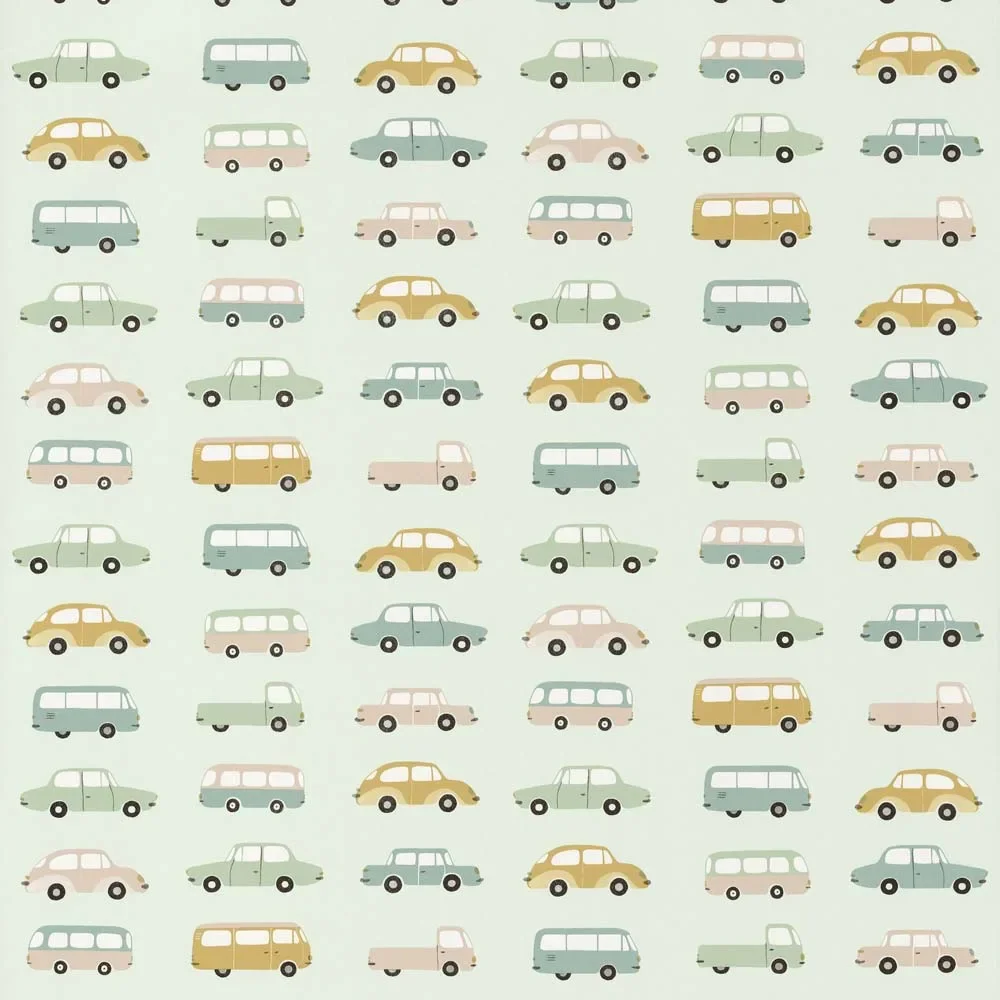 "Casadeco Kindertapete Happy Dreams Autos mint gelb image"