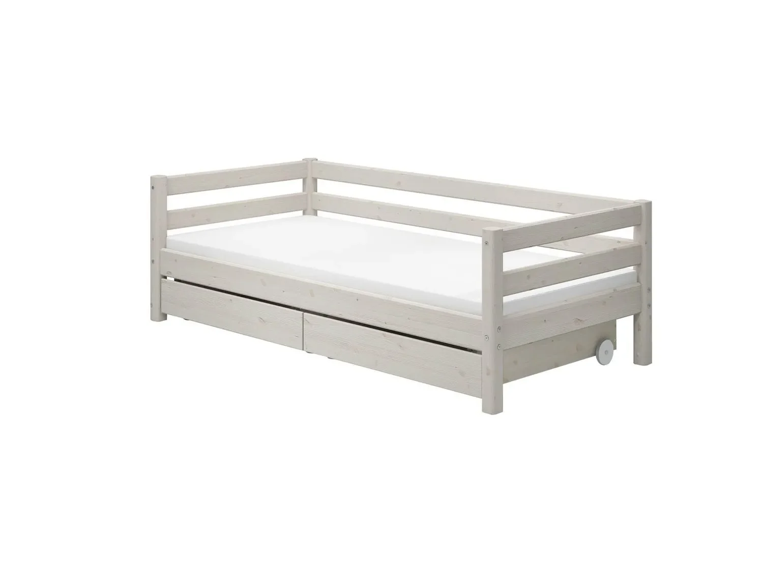 "FLEXA Classic Kinderbett, Einzelbett - Gemütliches Sofa-Bett mit 2 Schubladen & Skandinavischem Design, 90x200 cm, Farbe: Weiß gewaschene Kiefer image"