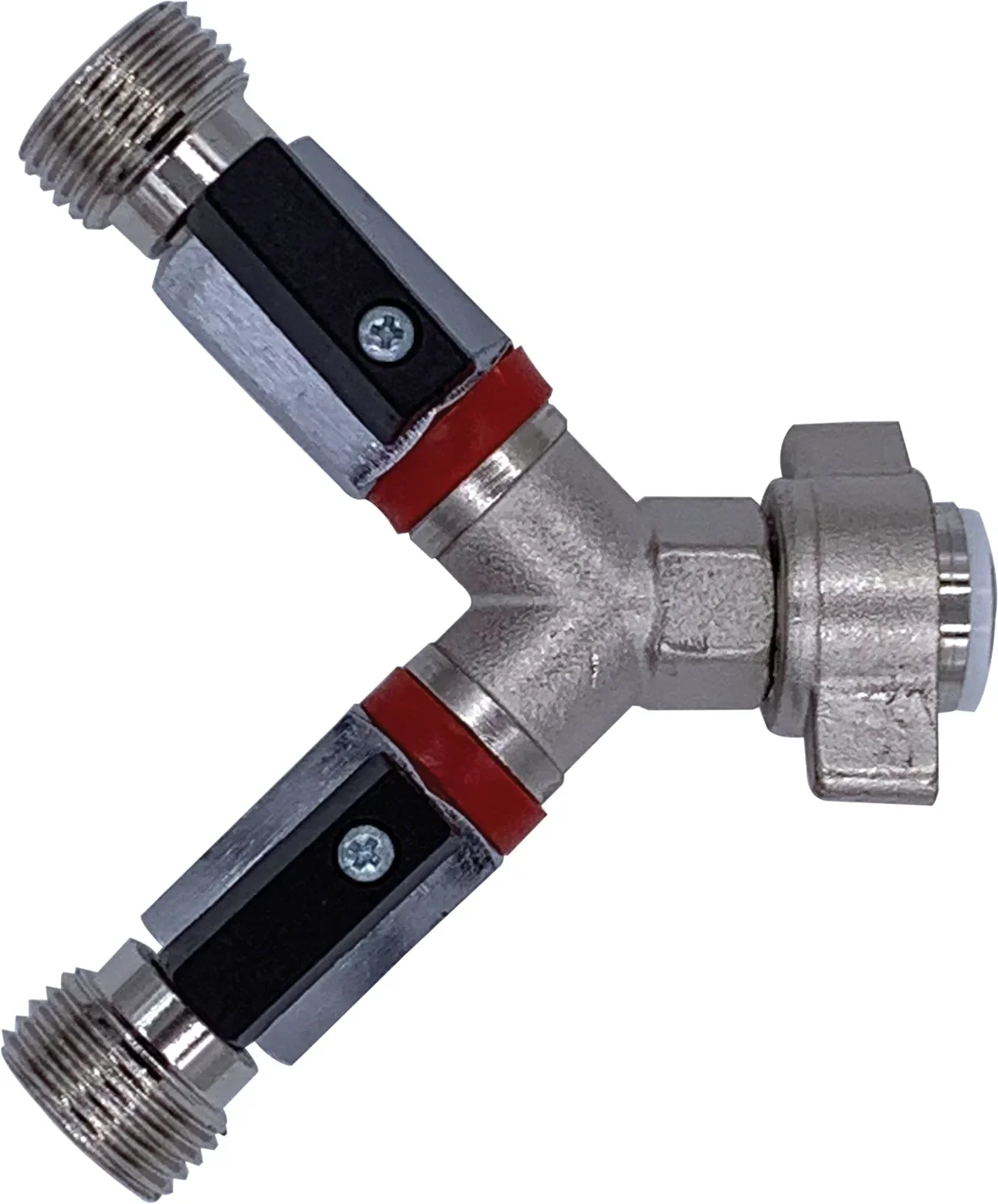 Absperrhahn, Absperrventil 2-leitig, für Druckminderer, Gewindegrößen: 1 x 1/2“ IG und 2 x 1/2“ AG