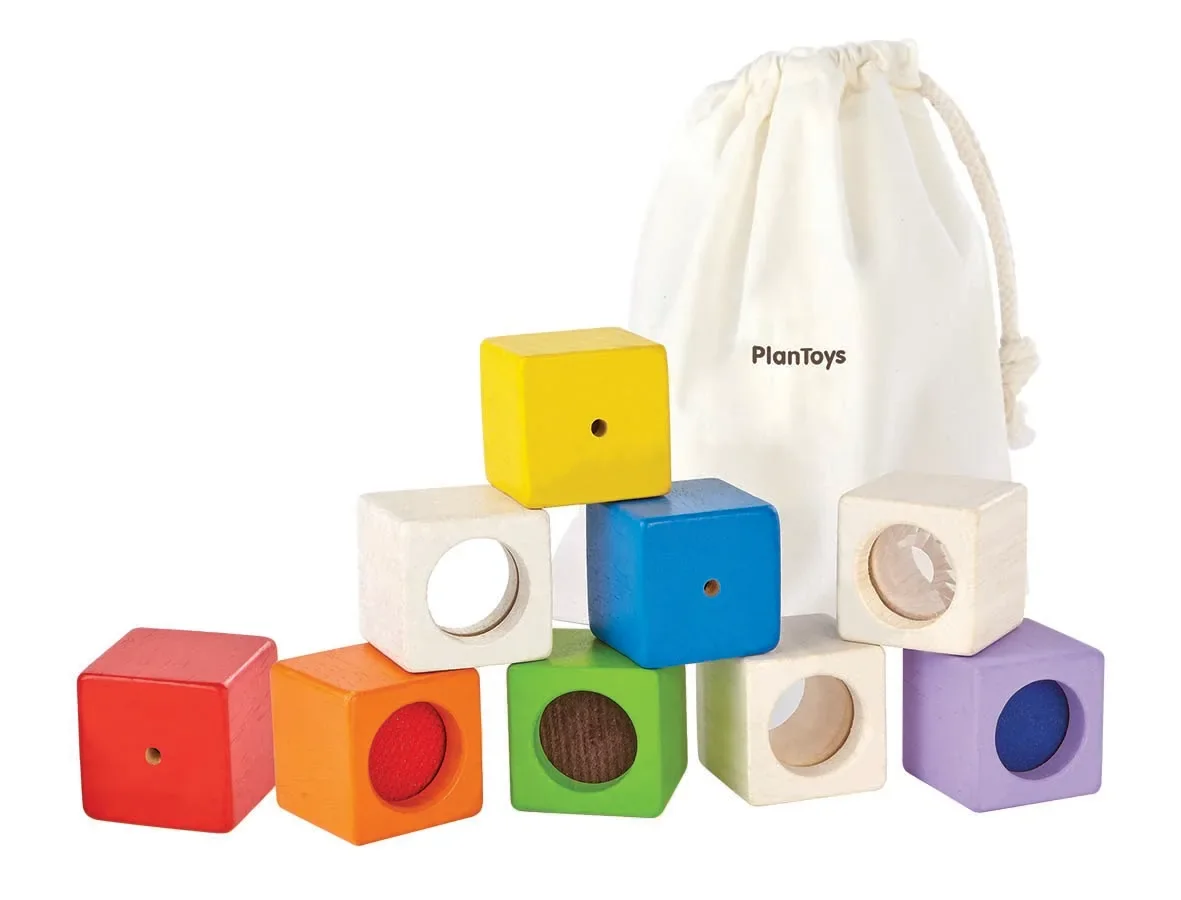 "Plan Toys - Sinnesklötze, Holzbausteine, 10-teilig, Gummibaumholz image"