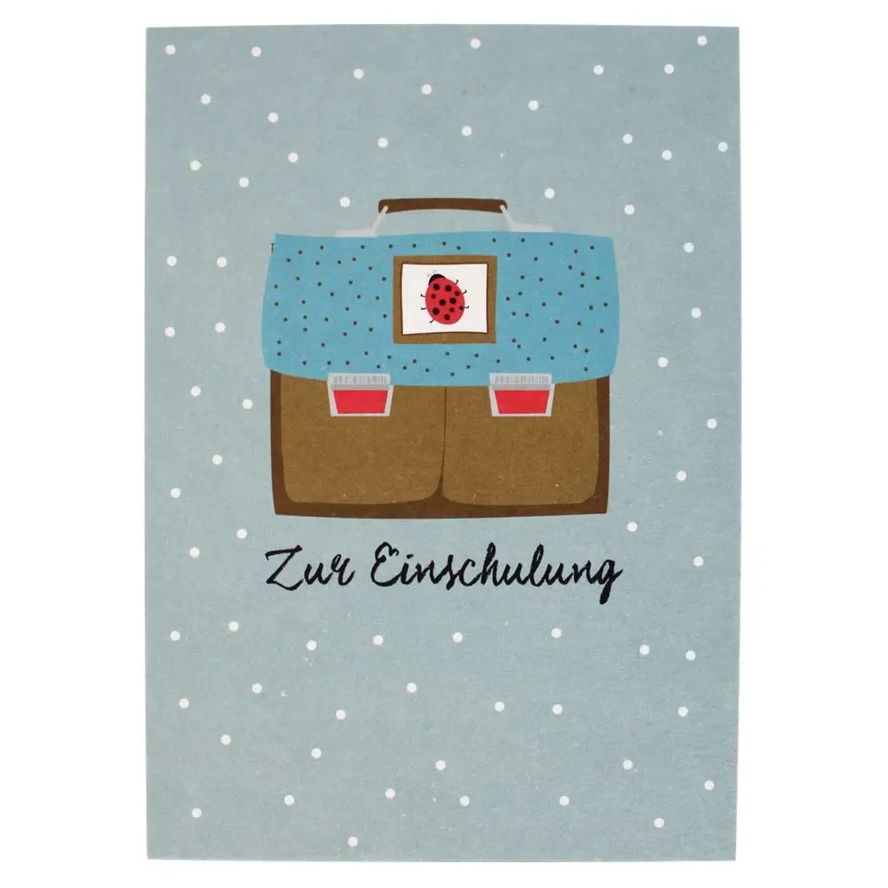 "Ava & Yves Postkarte Einschulung Ranzen blau braun image"