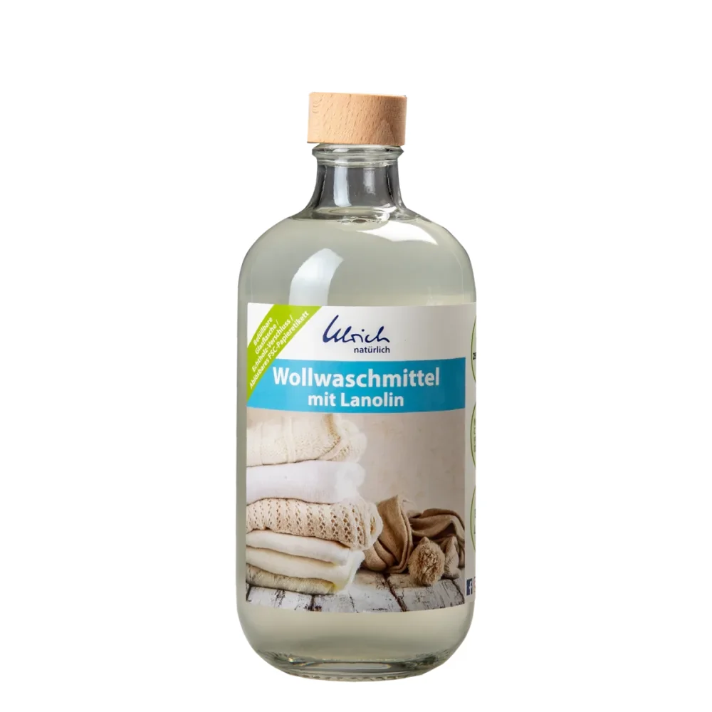 "ULRICH natürlich Wollwaschmittel mit Lanolin 500 ml in der Glasflasche mit Echtholz-Verschluss image"