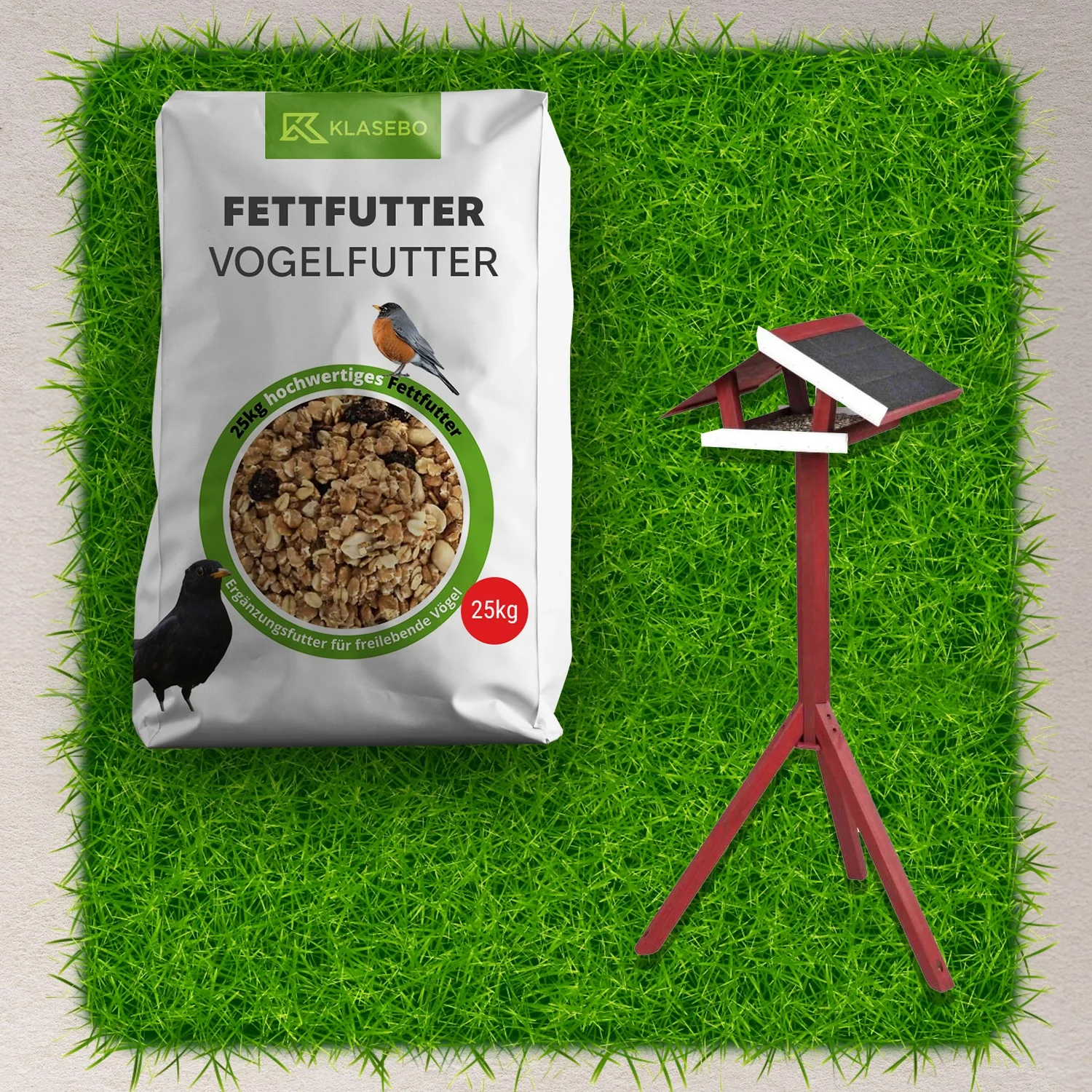 "Vogelfutter Komplett Set  25kg – Premium Wildvogelfutter 25kg, Stehendes Vogelfutterhaus mit Ständer aus Holz rot/weiß 1 Stk. image"