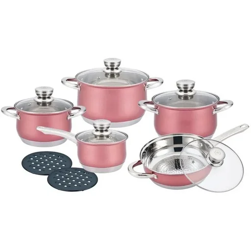 "Herenthal - Komplettes 12-teiliges Kochgeschirr-Set - Edelstahl - Pink image"
