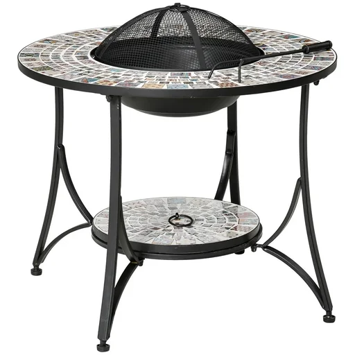 "Feuertisch Gartentisch mit Feuerschale Feuerstelle mit Funkenschutz & Grillrost Feuerkorb Outdoor für Heizung BBQ Garten image"