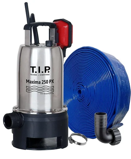 "Schmutzwasser Tauchpumpe Edelstahl Maxima 250 PX mit 10 m Ablaufschlauch 32 mm, bis 14.500 l/h Fördermenge image"