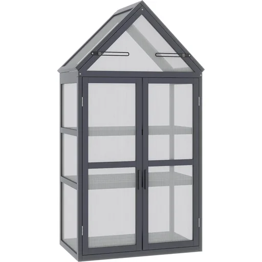 "Gewächshaus mit 3 Etagen, Massivholz, Polycarbonatgehäuse, grau, 70,5 x 42 x 132 cm image"