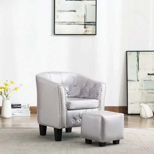 "Schalensitz mit Fußhocker Kunstleder glänzend silber image"