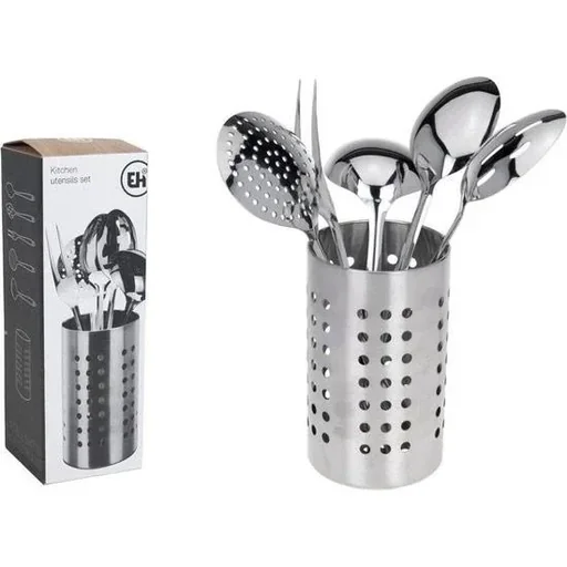"Küchenset - Edelstahl - 6-teilig - Fleischgabel, Gemüselöffel, Servierlöffel, Schaumlöffel, Suppenlöffel mit Ständer image"
