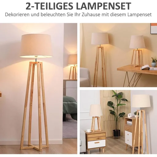 "Stehlampe mit 1 Tischlampe 2er-Set Nachttischlampe 149 cm/68 cm Höhe Stehleuchte für Wohnzimmer Schlafzimmer Skandi-Desi image"