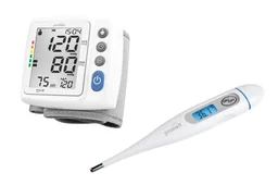 2 in 1 Set: Handgelenk-Blutdruckmessgerät „HGP-30“, Weiß/ Grau + Digitales Fiebe