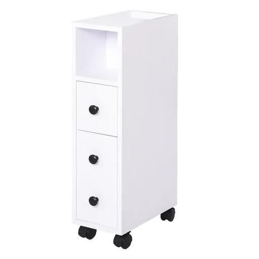 "Badschrank Badezimmerschrank Badregal Kommode Standschrank zwei Schubfächer offenes Fach vier Räder Spanplatte Weiß 18x3 image"