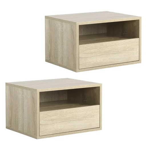 "2 tlg. Wandnachttische Nachttisch Hängeschrank mit Schublade Spanplatte Natur 45 x 35 x 27,5 cm image"
