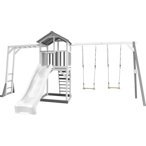 "Beach Tower Spielturm mit Klettergerüst und Doppelschaukel - Weiße Rutsche image"